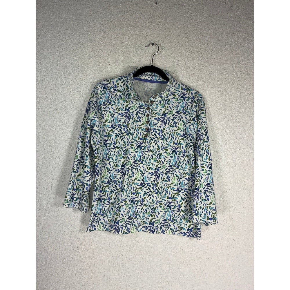 Appleseeds Womens Blue Green Leaf Print Cotton Henley Top Large A44657